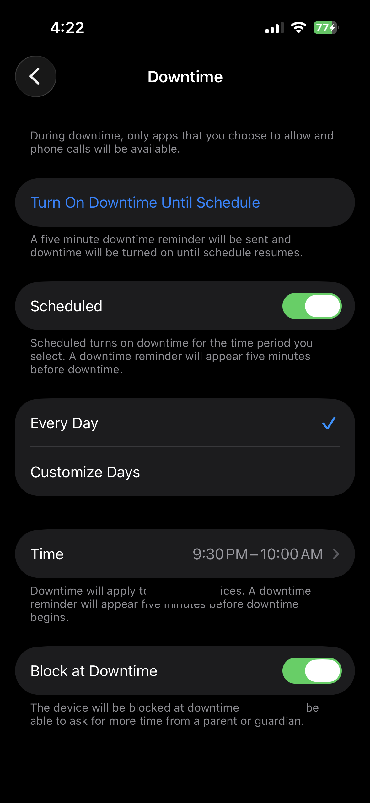 iOS Downtime settings for a child: Scheduled on, Every Day selected, 9:30 PM to 10:00 AM, and Block at Downtime enabled. Child's name redacted.